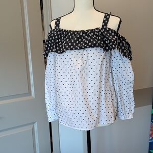 LOFT Black and White Patterned Off-Shoulder Blouse